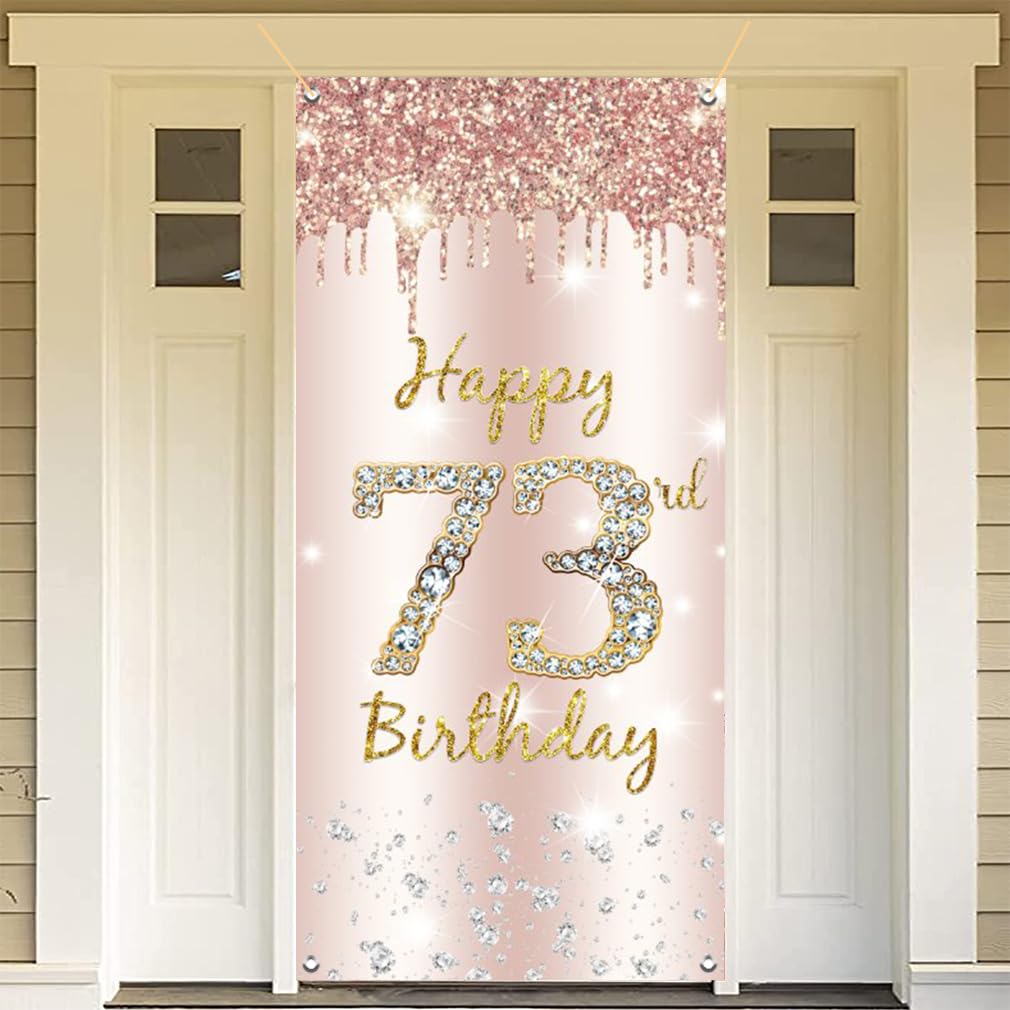 73. urodziny dekoracja damska, Happy 73rd Birthday Door Banner różowe złoto, 73. urodziny tkanina tabliczka plakat dekoracja drzwi, 73. urodziny tło baner damski, przyjęcie urodzinowe tabliczka