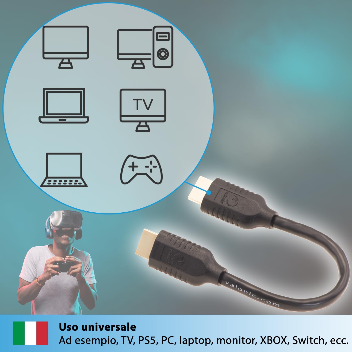 valonic cavo hdmi corto, 20 cm - HDR, ARC, High Speed 4k Ultra HD - per TV, PC, PS5, Monitor - maschio maschio, nero, 0,2m