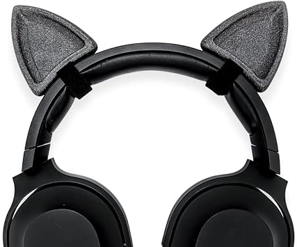 BeamTeam3D Cat Ears for Headphones - Cat Ear Headphone Attachment in Various Colors with Self Fastener - Cat Ears Headphone for Gamers and Streamers and Cosplayers Set of 2 Solid Sparkle Black