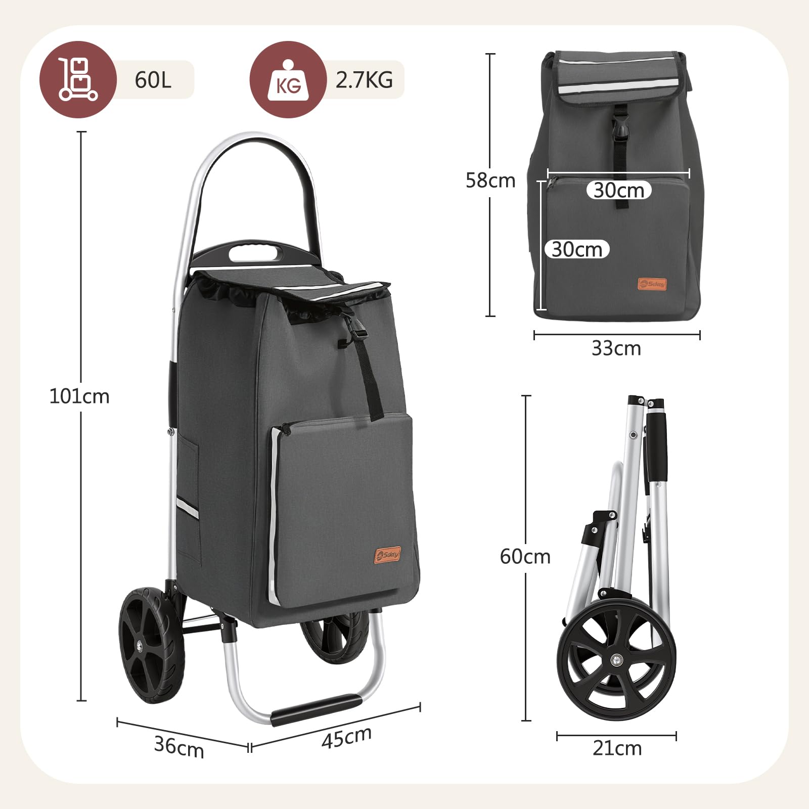 Sekey Trolley per la spesa pieghevole, XXL, con scomparto frigorifero, grandi ruote, telaio in alluminio, carrello per la spesa, campeggio, picnic e vita quotidiana, grigio