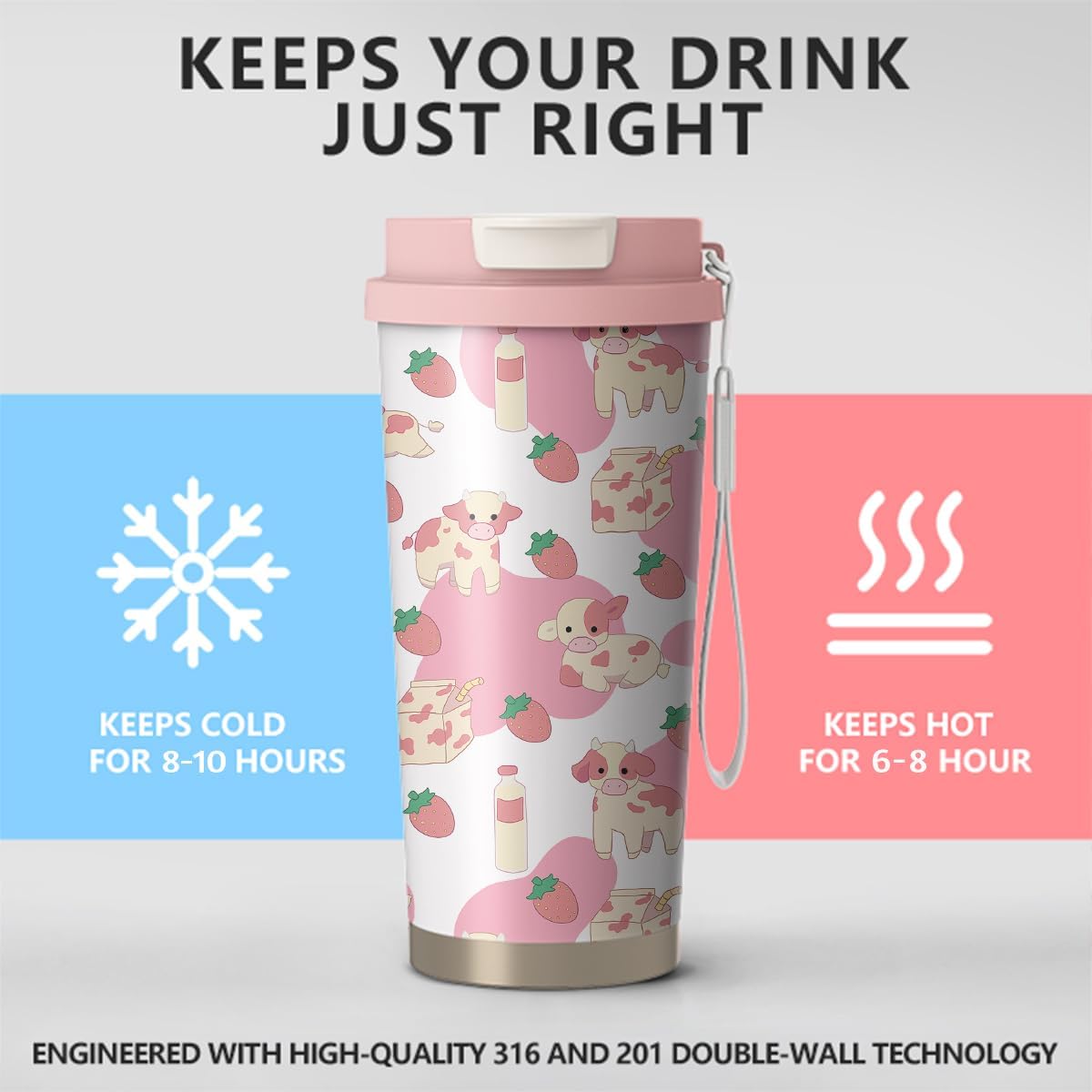 18oz Cute Cow Coffee Mug Travel Cups with Lid and Flip Straw, Pink Stainless Steel Insulated Tumbler Water Bottle with Strap, Gifts for Women Animal Lovers - Image 4
