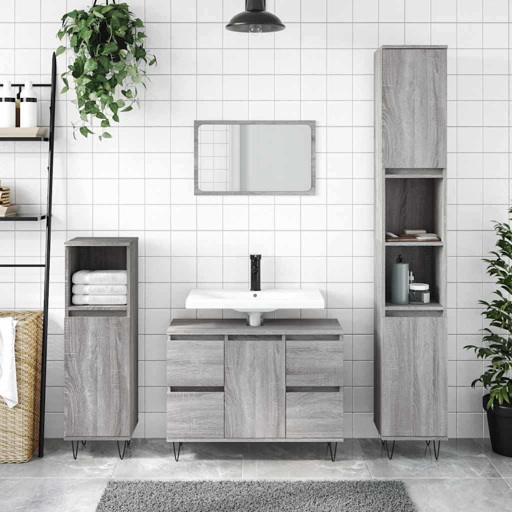 Mueble de baño gris Sonoma 80 x 33 x 60 cm madera multicapa | 1 puerta con 4 cajones, patas de hierro, estilo industrial, montaje de puerta flexible