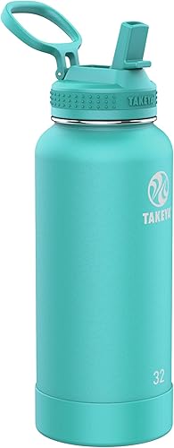 Takeya Pickleball - Botella de agua aislada de acero inoxidable con tapa y asa de transporte, 32 onzas, Dropshot Teal Ace Negro,Backspin