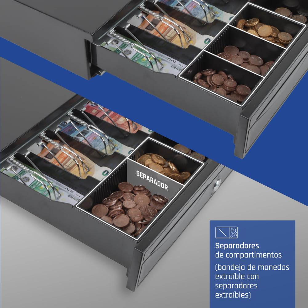 iggual Cajón Portamonedas IRON-30. Caja Efectivo Registradora Manual o Automáticapara 5 Billetes y 5 Monedas. Cerradura 3 Posiciones. Material Acero+Plástico. Uso profesional- Negro (42x40.5x10)