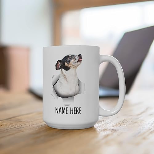 Miniatura 4 de Divertida taza de café blanca con nombre personalizado Rat Terrier con texto personalizado para Navidad 2024, 15 onzas