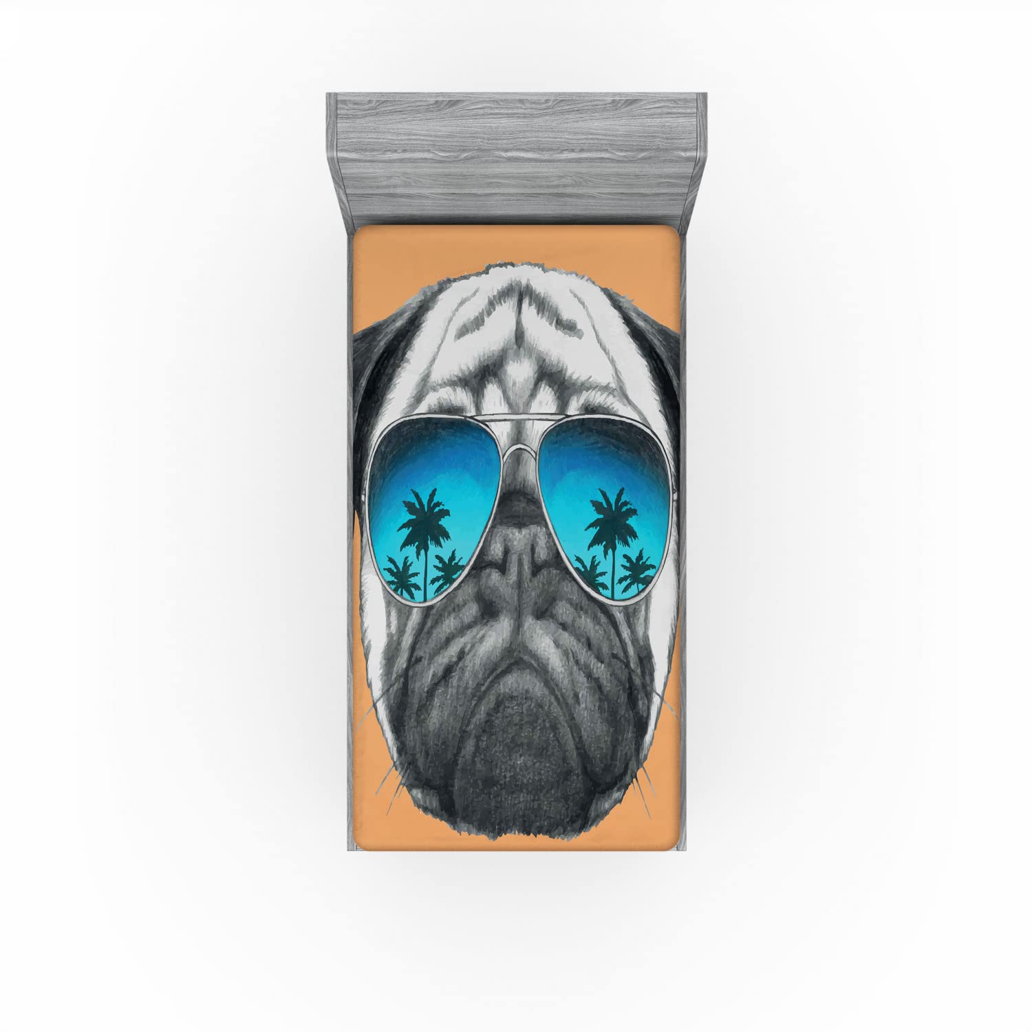 Ambesonne Pug 2 Pack Fitted Sheet, Dog and Sunglasses, Bed Cover All-Round Elastic Deep Pockets 2 Pieces, Package Contains 2 Twin XL Size Fitted Sheets, Orange Black