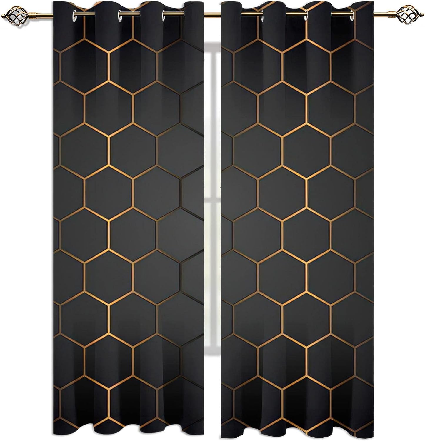 Sense of Technology Geometry Curtains, Modern Black Gold Hexagon Blackout Curtains, Thermal Insulated Privacy Eyelet Window Drapes for Living Room Kitchen Bedroom 2 Panels (72" W x 72" L)