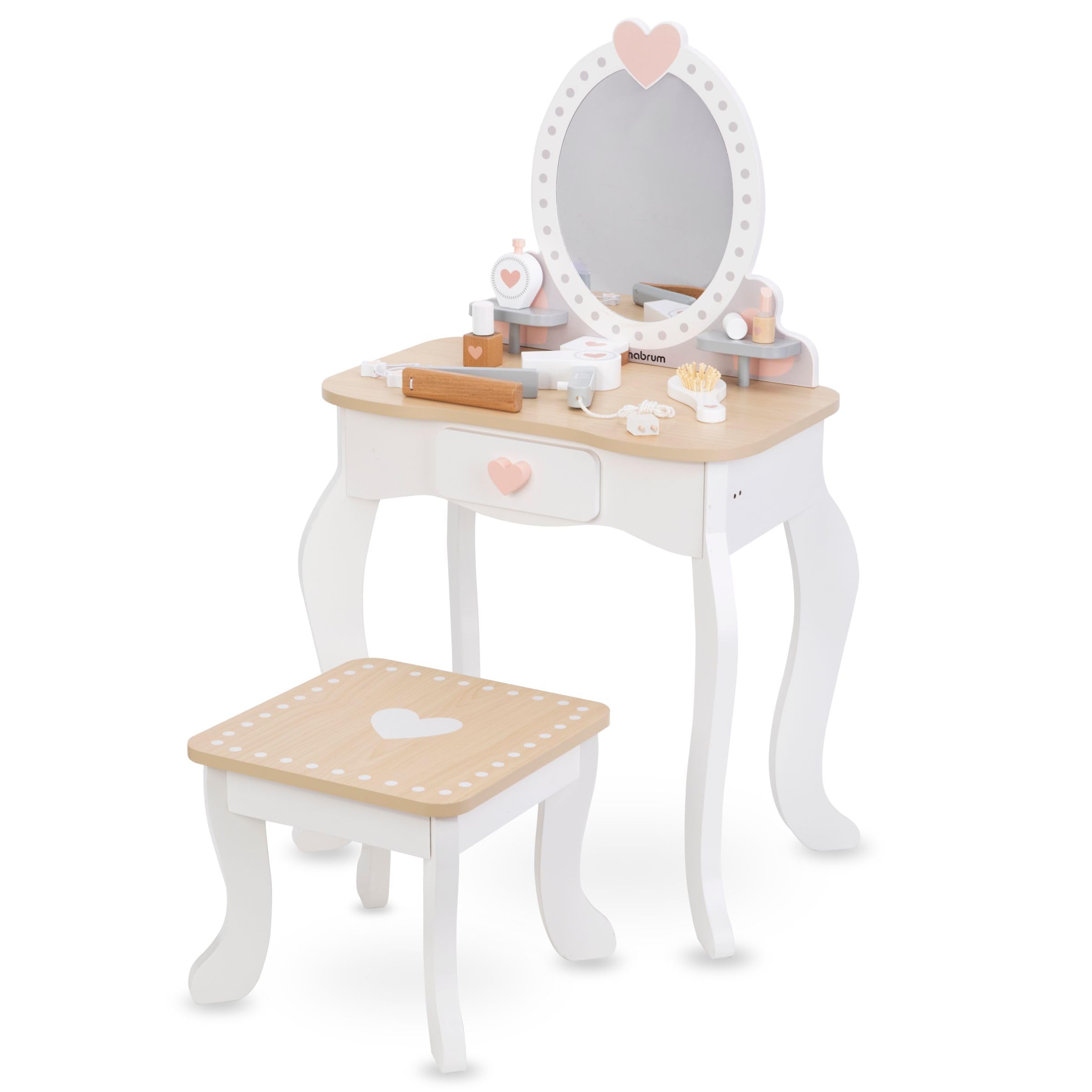 mamabrum Makeup Dreeser - Maquillaje de Madera Dresser para Niñas - Vanidad,Perfume, Esmalte de uñas, Cepillo, Lazos para el Pelo y Mesa de Maquillaje Estación de Maquillaje Niña Pequeña