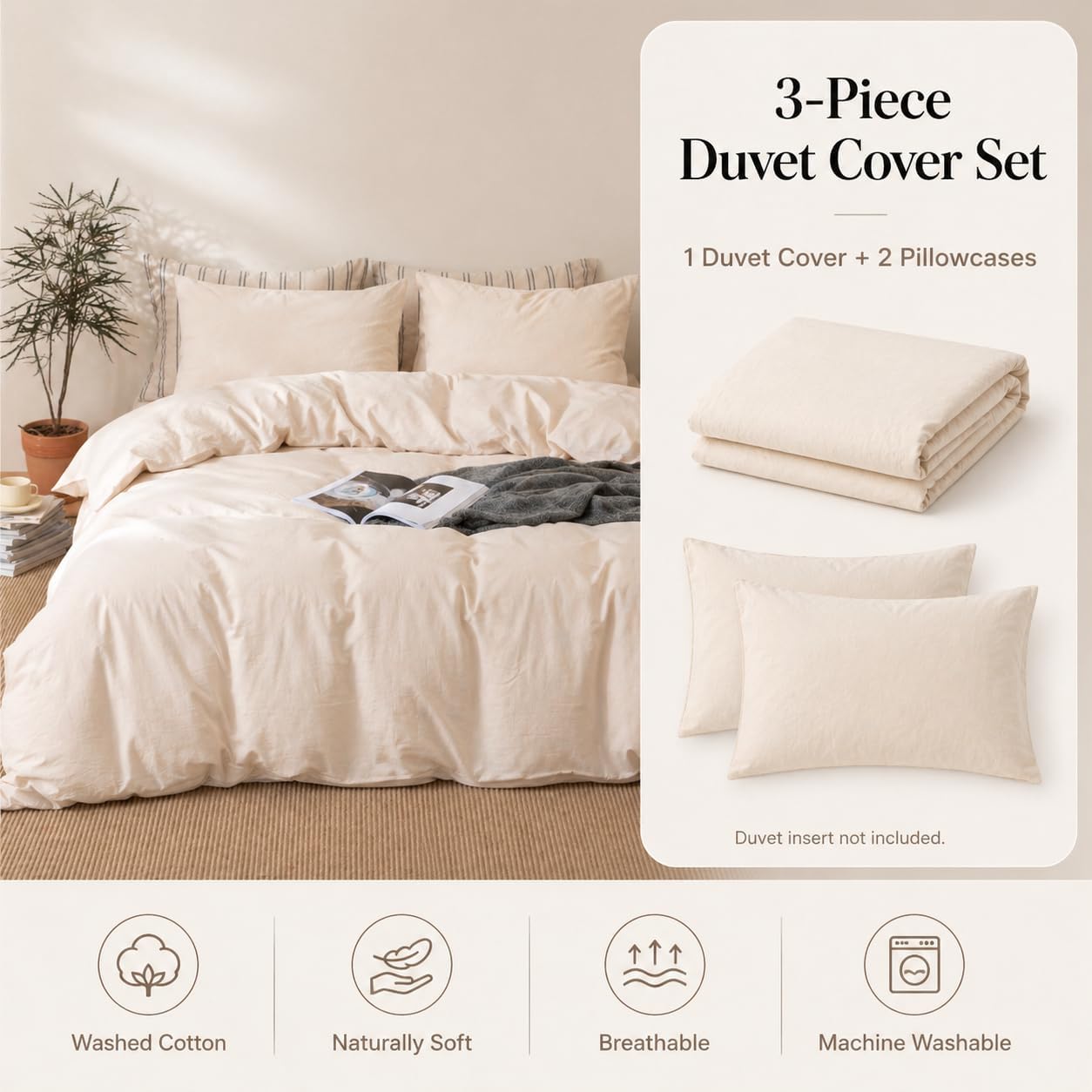 100% Washed Cotton Duvet Cover Set (King), 3 Pieces, Soft Breathable Bedding Set with Zipper Closure & Corner Ties, 1 Duvet Cover and 2 Pillow Shams (Beige)