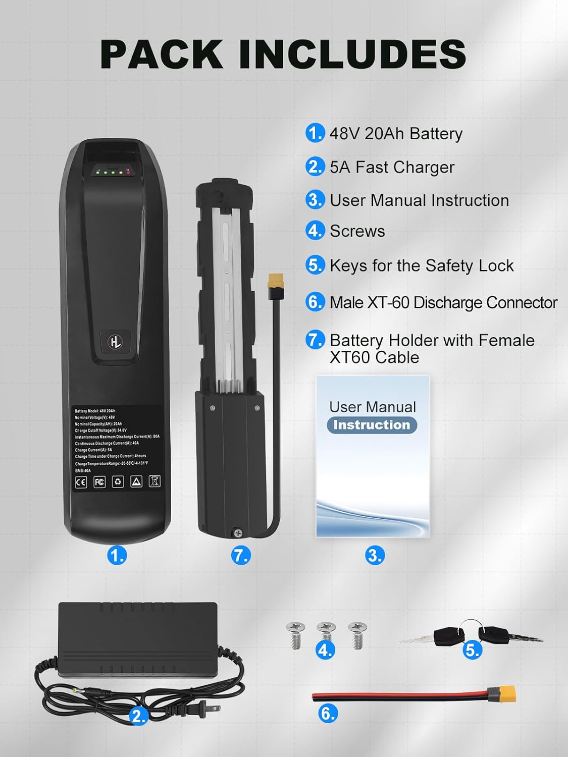 36V 48V 52V Ebike Power Pack Battery for 0-1800W Ebike Motor with 50A BMS, 4PIN Base, LED Indicator,Safety Lock, USB Port (48V 20AH(4-PIN))
