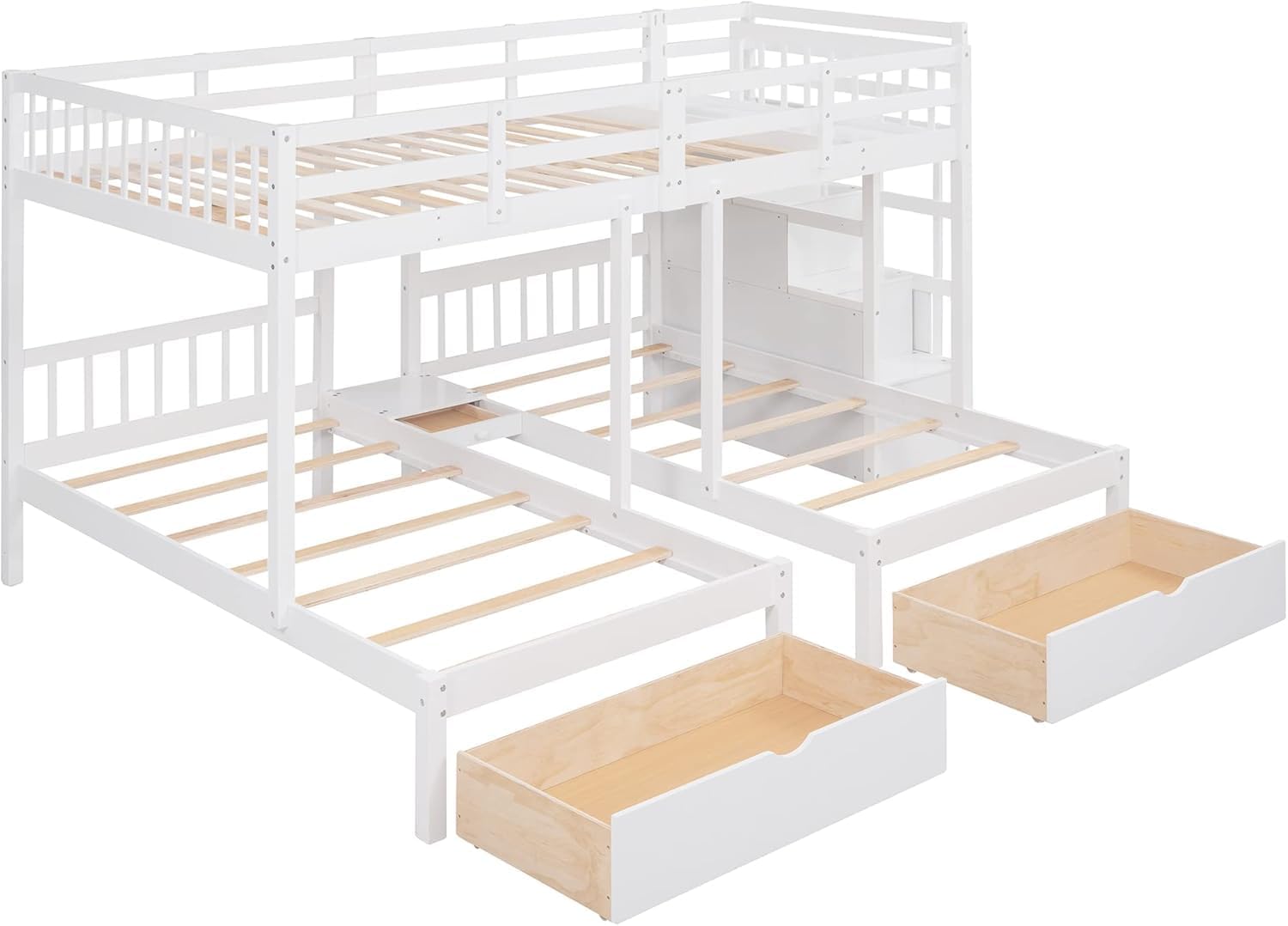 KUIKUI Triple Bunk Beds for Kids, Full Over Twin and Twin Bunk Bed for 3 with Stairs, with Extra Storage Space and Drawers, White