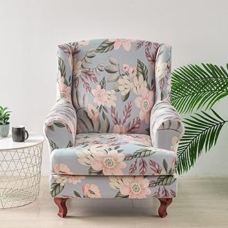 Chickwin Stretch Wingback Chair Slipcover, Botanical Print Living Room Chair Covers Furniture Protector, Spandex Wing Back Chair Covers with Arms (Pink Flower)