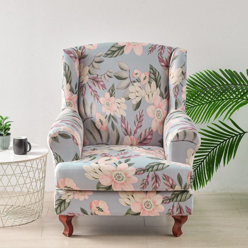 Chickwin Stretch Wingback Chair Slipcover, Botanical Print Living Room Chair Covers Furniture Protector, Spandex Wing Back Chair Covers with Arms (Pink Flower)
