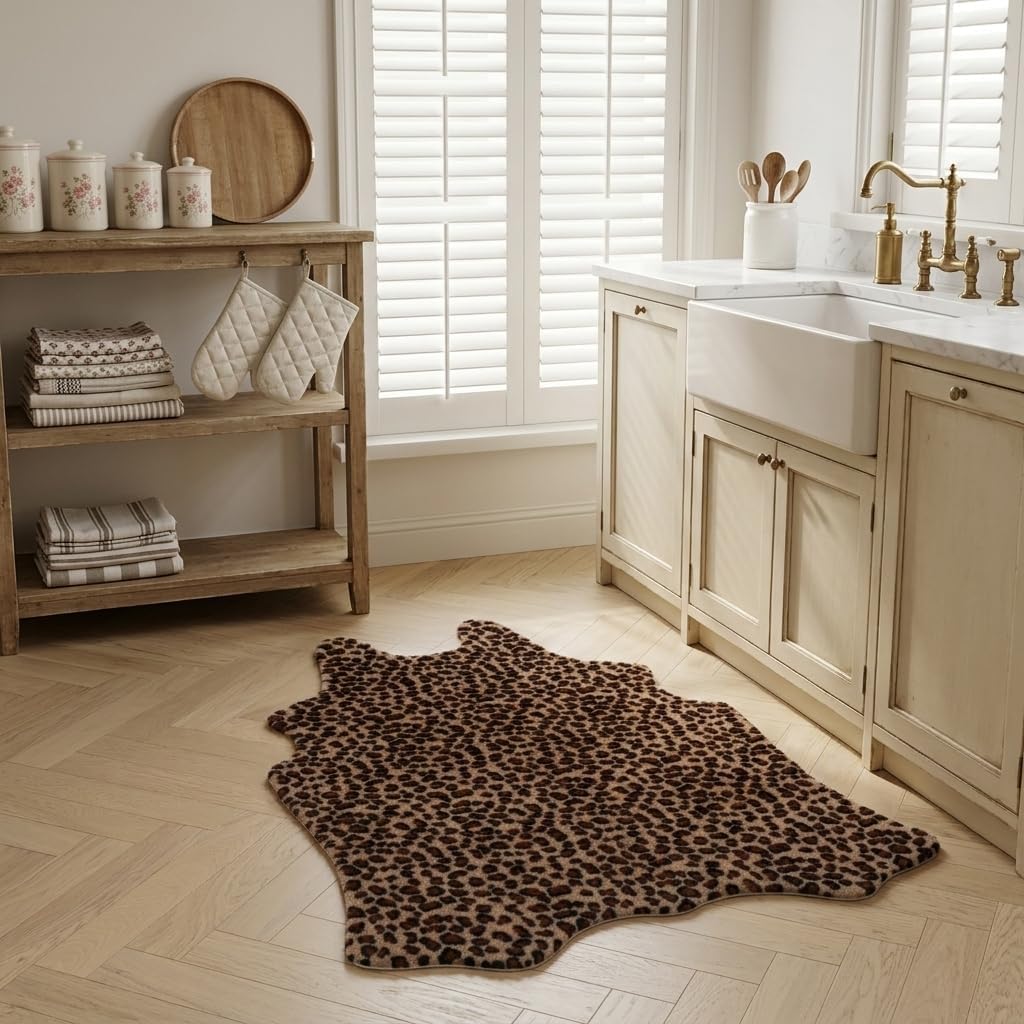 Leopard Print Area Rug Small, Classic Brown Faux Fur Rug Plush Soft, Neutral Animal Print Accent Rug for Living Room Bedroom Nursery, Non-Slip Cozy Bohemian Decor (2'7" x 3'11")