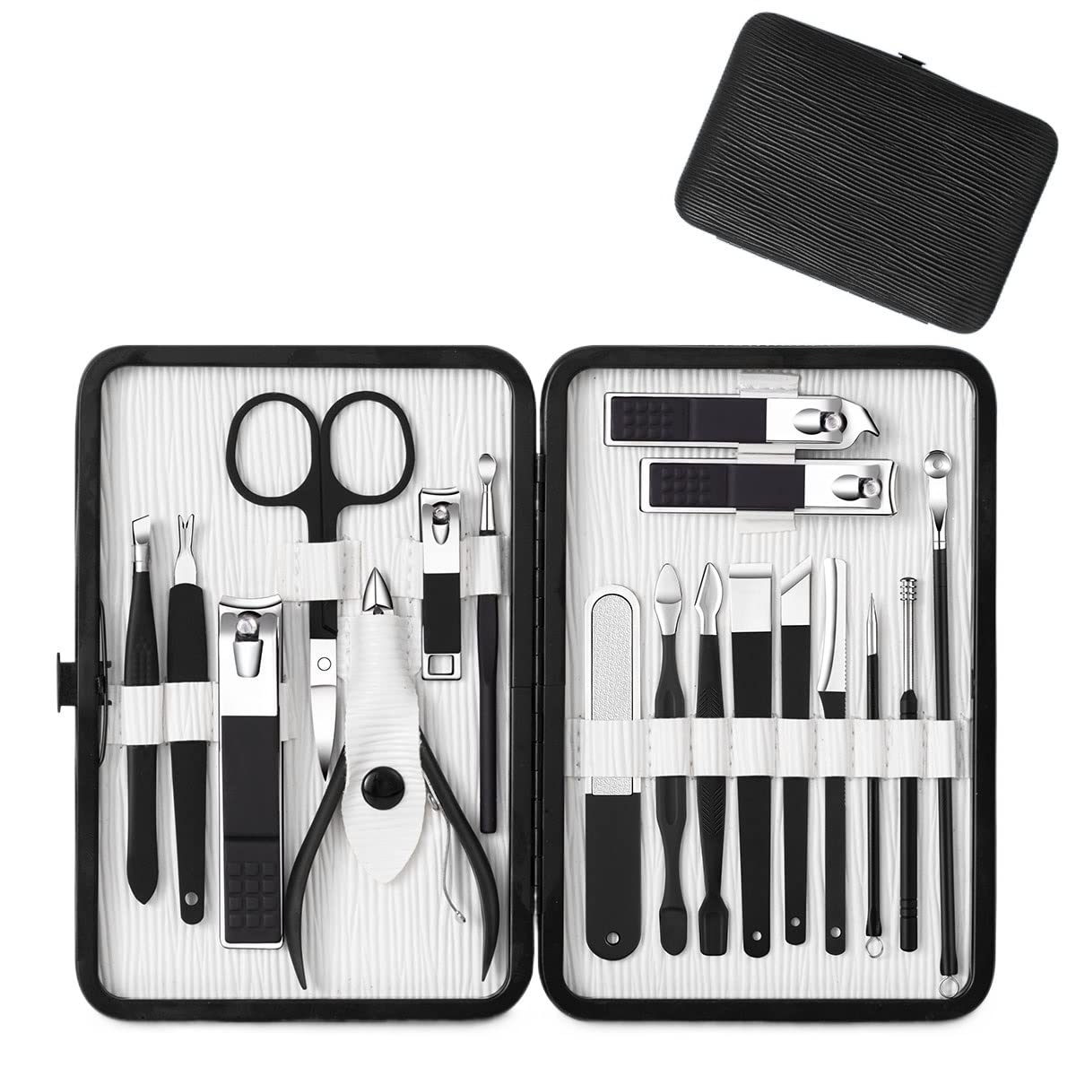 Juego de cortaúñas multifunción, cortador de pedicura, lima de uñas, kit de tijeras con estuche de viaje de acero inoxidable, juego de manicura azul (18 piezas, negro)