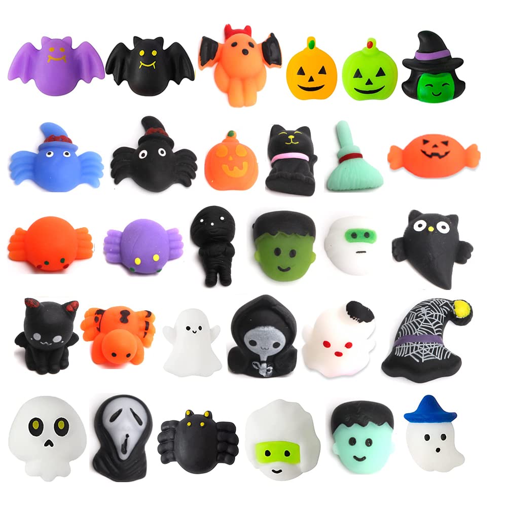 Mochi Squishy Toys, 30Pcs Halloween Mochi Squeeze Toys Stress Relief Toy Pumpkin Ghost Spider Squishies Goody Bags Filler Gifts for Halloween Party Favors Supplies