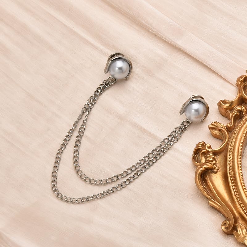 Image of Pearl Brooch Pins Tassel Chain Brooch Collar Pins Lapel Pins for Men Women Dress Shirt Collar Chain Suit Collar Brooch Hanging Chain Lapel Pin for Men Suits Tuxedo Shirt Accessories