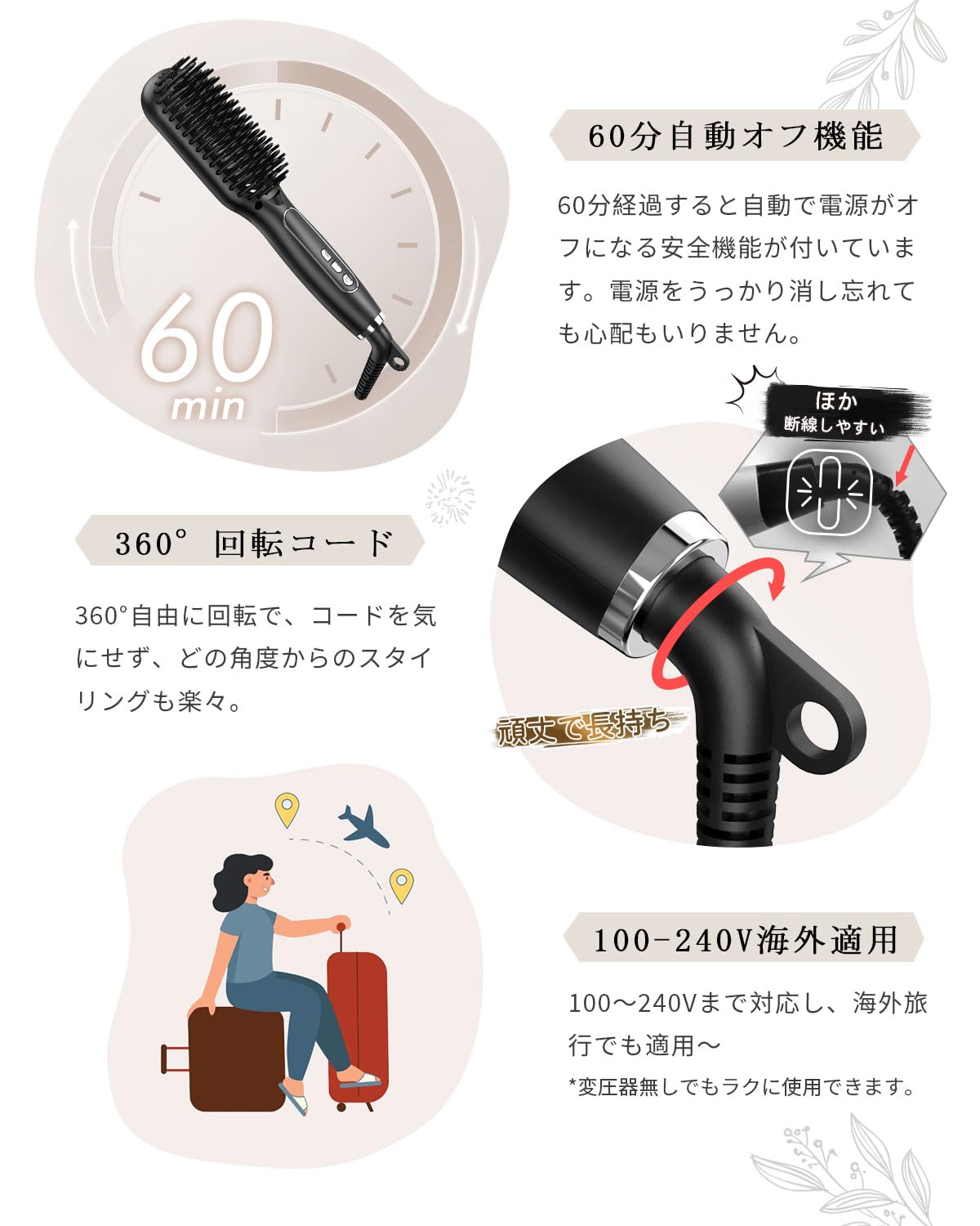 ストレートブラシ ヘアアイロン ヒートブラシロン 【3000万マイナスイオン/1 Aliliy ストレートブラシ ヘアアイロン ヒートブラシロン
