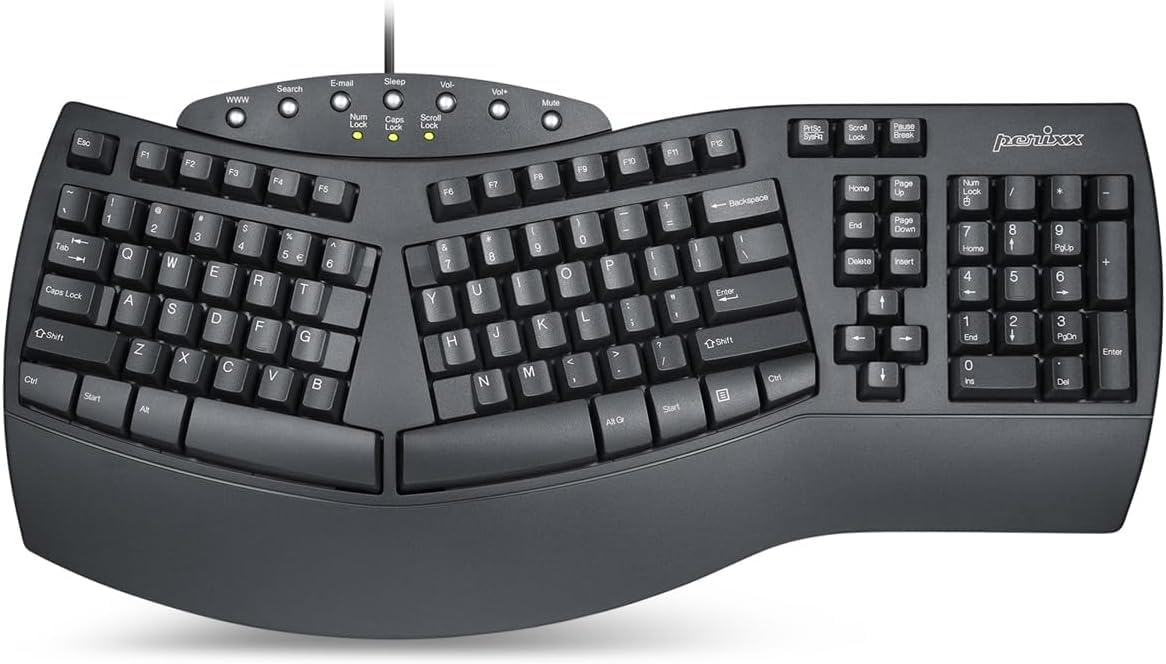 Perixx PERIBOARD-512 Tastiera Ergonomica Avanzata - Design Suddiviso - Con Tastierino Numerico Integrato - Nero - US English Layout