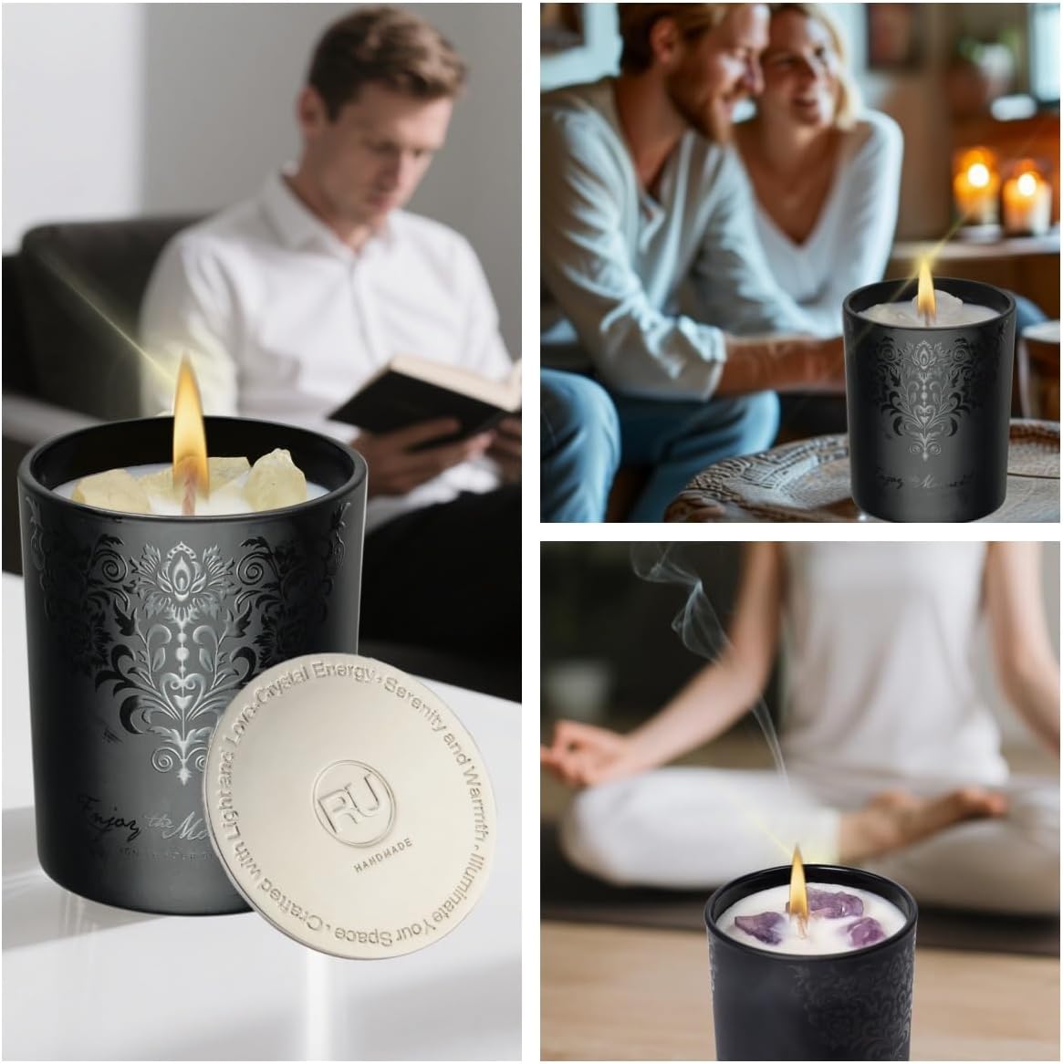 Luxury Black Scented Candles Gift Set for Men – 3×7oz Soy & Beeswax Crystal Candles with Wick Trimmer & Snuffer, Masculine Woodsy Aromatherapy Candles for Home, Birthday & Holiday Gifts for Him - Image 7