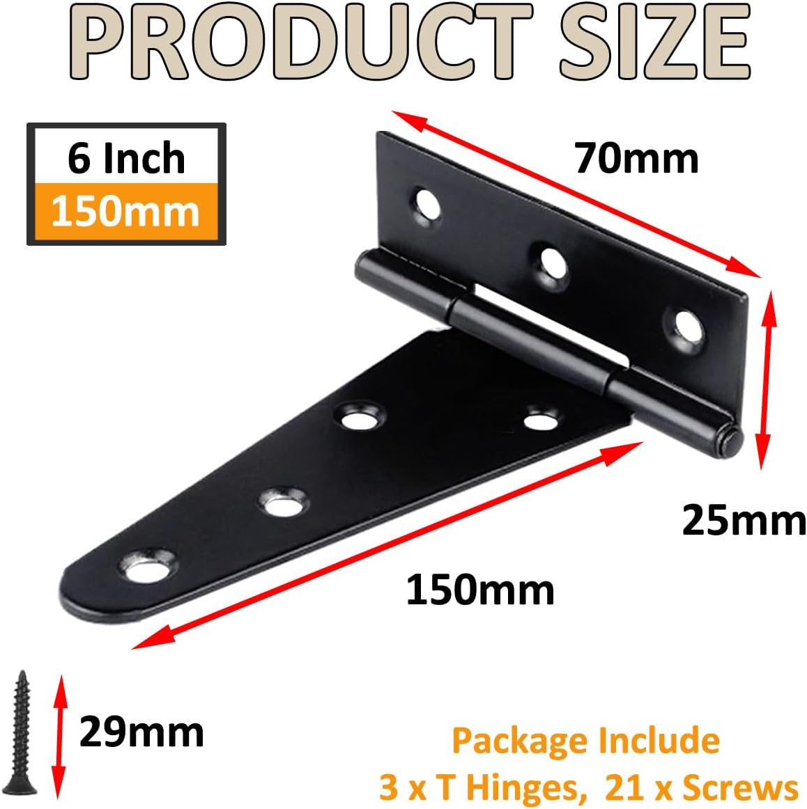 Pack of 3 T-Hinges with Screws 150 mm T-shaped Hinges Heavy Duty Garden Gate Hinge 6 Inch Barn Doors Hinges Shed Door Hinges Foldable Black