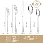 Ensemble de couverts KINGSTONE 20 pièces martelé, ensemble de couverts en acier inoxydable 18/10 pour 4 personnes, ensemble de couverts pour la maison, la fête, le mariage, poli miroir, lavable au lave-vaisselle