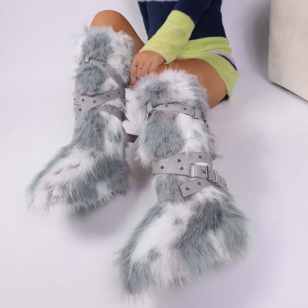 Faux Fur Boots for Women Warm Fuzzy Knee High Boots y2k Long Furry Snow Boot with Belt & Studs Fluffy Indoor Outdoor Shoes