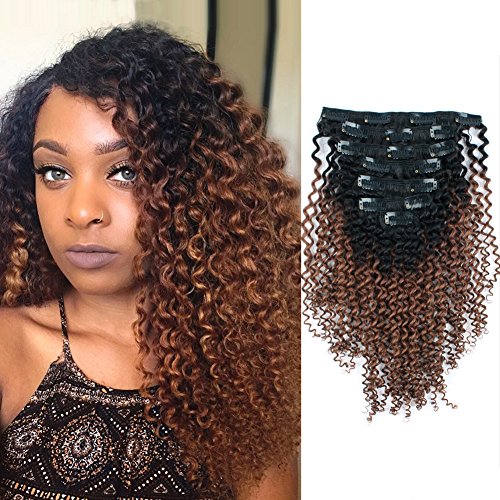 ABH AmazingBeauty Hair 3C 4A Kinkys Curly Ombre Hair Extensions Double Weft Remy Human Hair for African American, Two Tone Clip In Hair Extensions, Natural Black Fading into Light Auburn TN30, 12 Inch