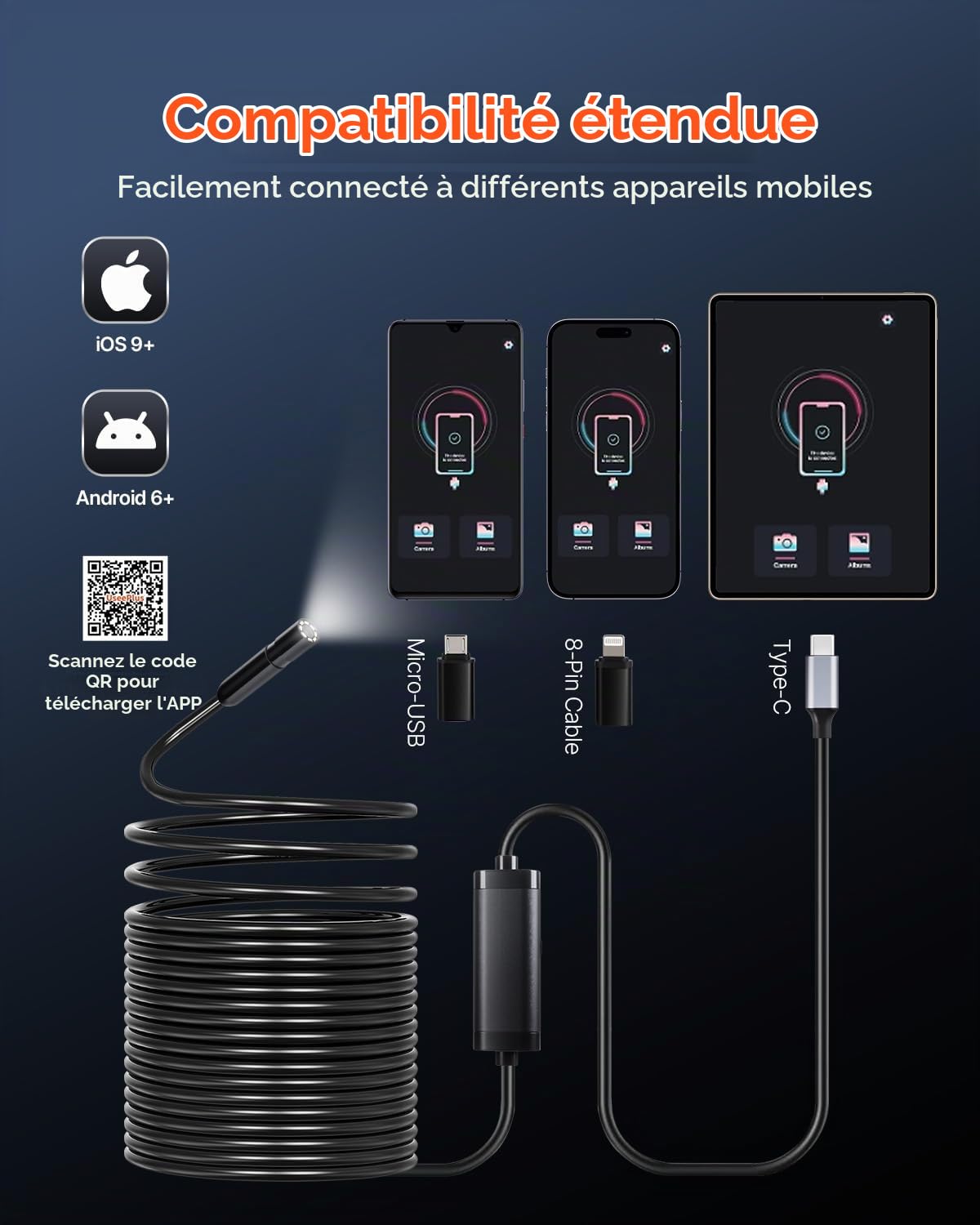VEVOR Caméra Endoscopique avec Câble Semi-rigide 15 m, Endoscope HD 1920p pour Android et iOS, avec 8 Lumières LED Réglables, Zoom, Étanche IP67, Caméra Serpent d'Inspection pour Automobile, Plomberie