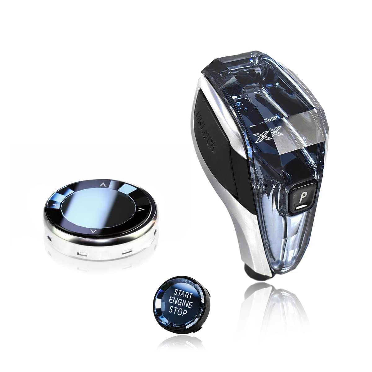Crystal Gear Shifter Knob - (StyleX) 3pcs Premium Quality Aftermarket Replacement Set Multimedia Knob Dial Engine Ignition Button (Compatible with Selected BMW 3, 4, X3 and X4 Models)