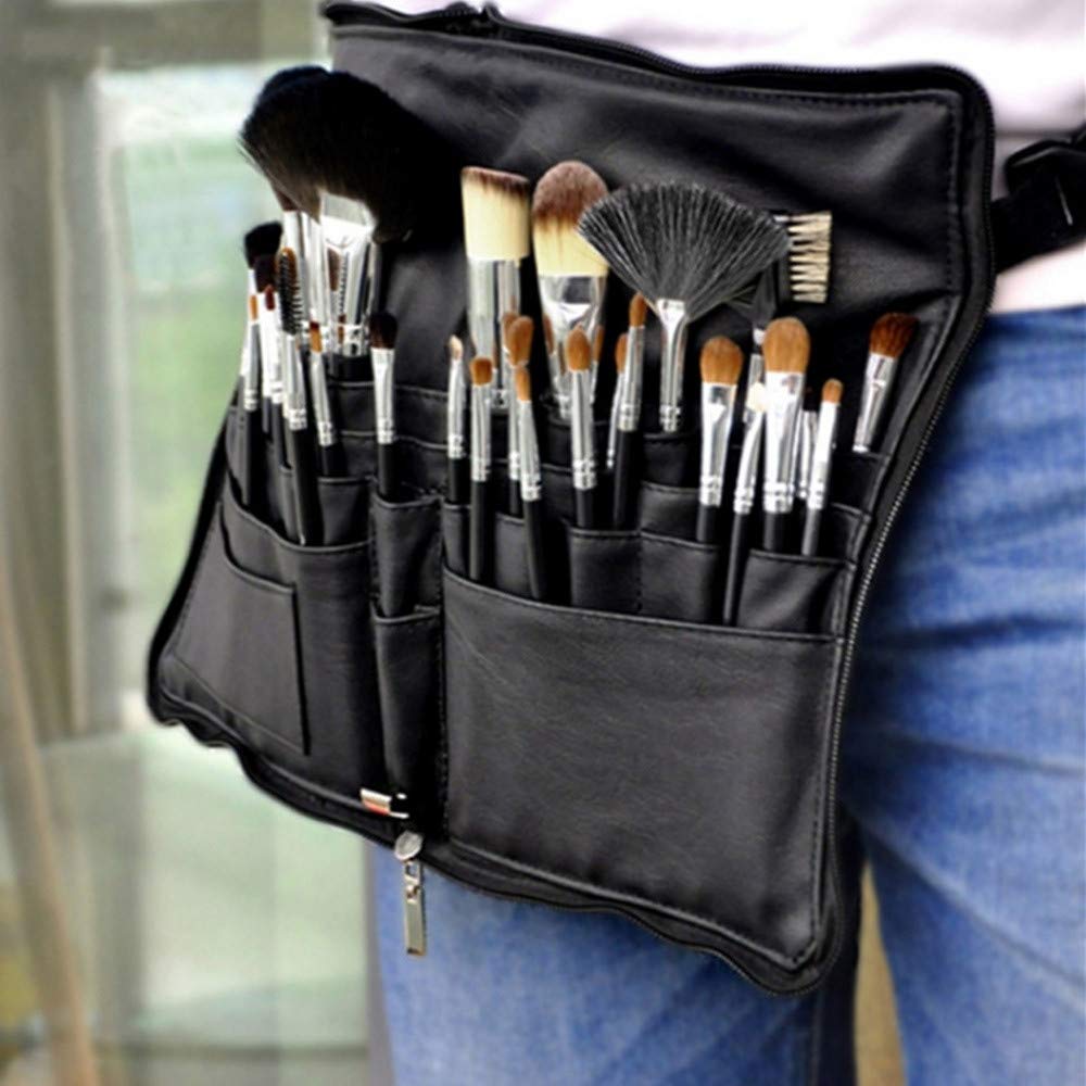 Cosmetic Makeup Brush Bag with Artist Belt Strap Cosmetic Brush Holder Organizer Pocket Apron Pack with Adjustable Artist Belt Strap for Artist/Fashion Stylist