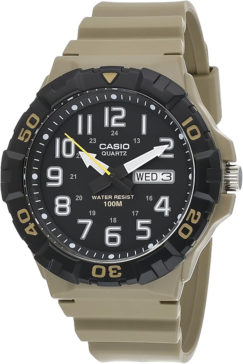 Serie Casio MRW200H | Reloj analógico para hombre | Diseño deportivo | Resistencia al agua hasta 100 metros | Visualización de fecha | Bisel giratorio | Mantenimiento regular de la hora (HR, Min, SEC, PM, fecha, día) | Batería de 3 años