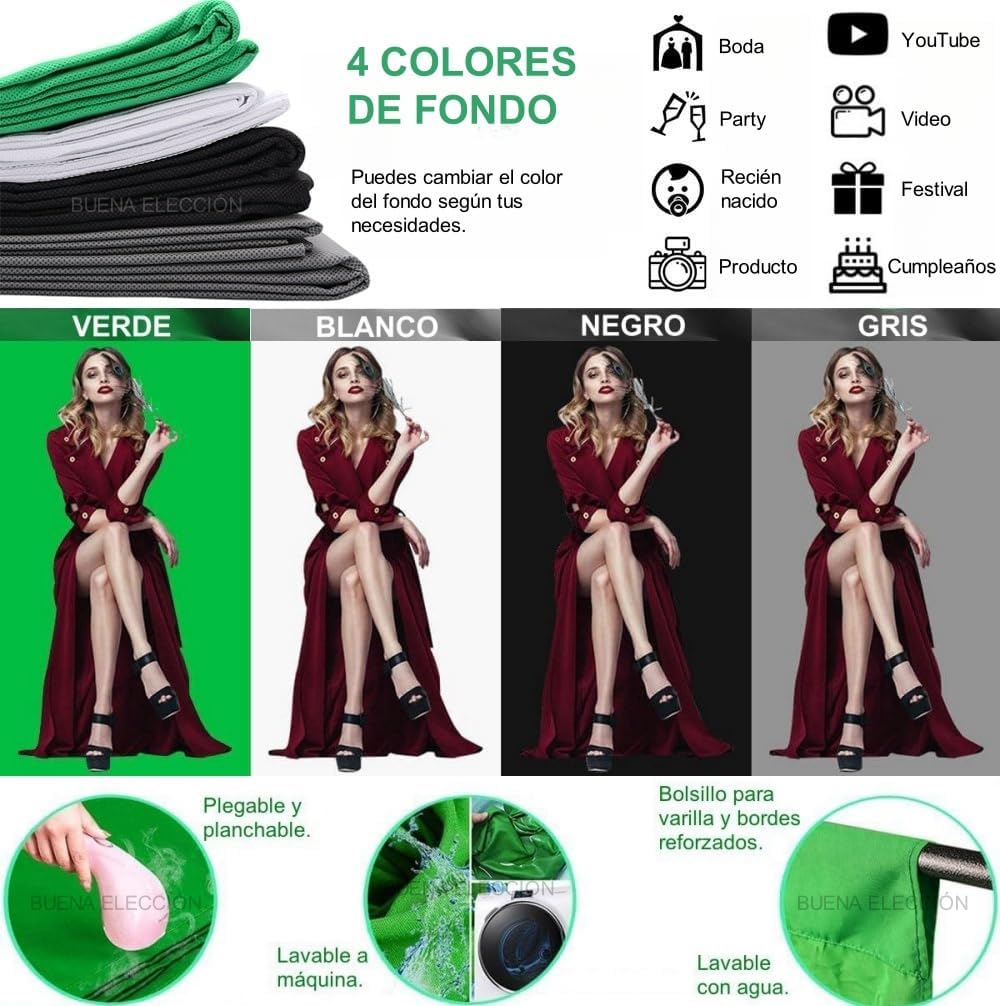 Image showing the four different colored backdrops (green, white, black, grey) and exampméně jejich použití.
