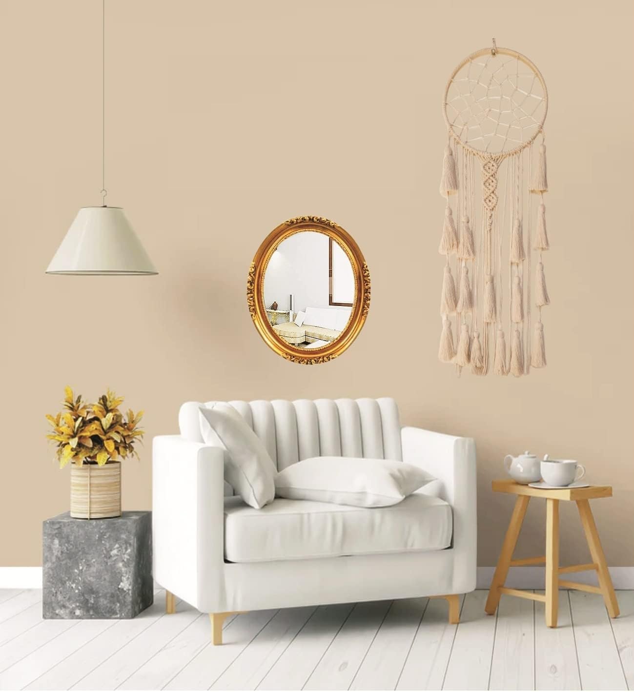 ACNDC Boho Dream Catcher Wall Hanging, 36 x 13 inches, Macrame Woven Feathers, White