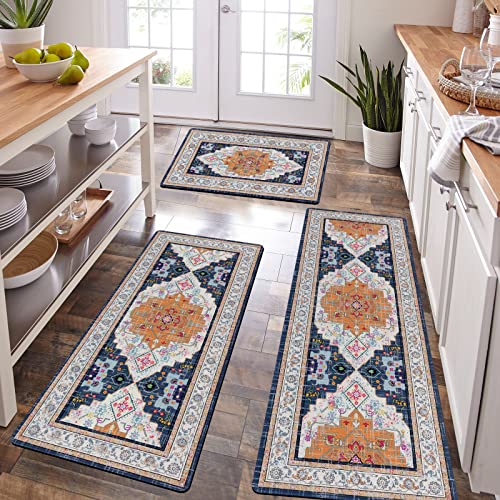 Hebe Boho Kitchen Rug Sets 3 Piece With Runner Non Slip Kitchen Rugs And Mats Waterproof Kitchen Mats Set For Floor Natural Rubber Cushioned Runner Rugs For Entryway Hallway Laundry Room #TOP15