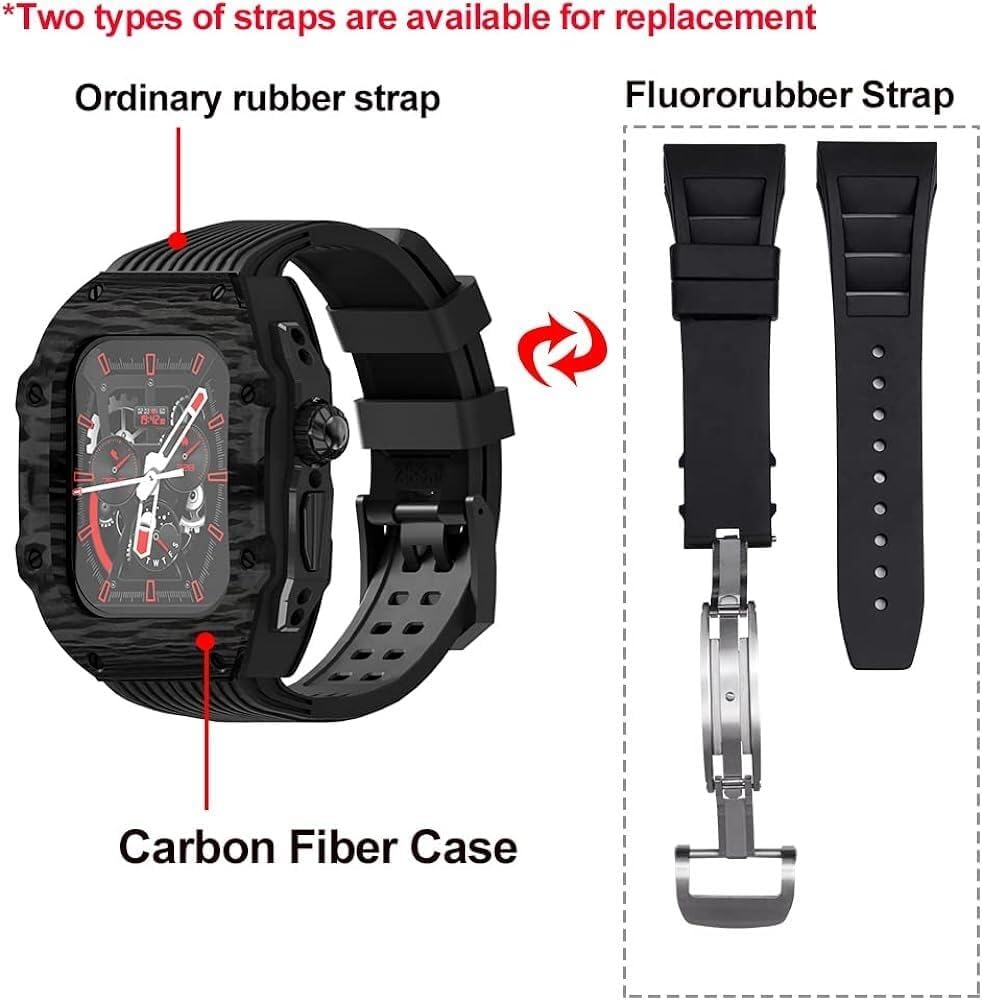 Rm Style Luxury Carbon Fiber Watch Case+Fluorine Rubber Watch Band Mod Kit，For Iwatch 8 7 6 5 4 45mm 44mm Ultra 49mm Replacement Watch Strap And Cover Modification and upgrade