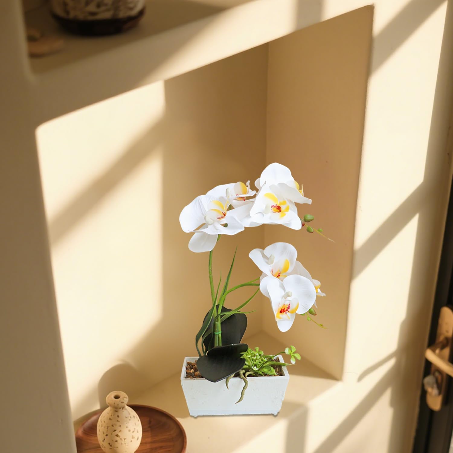 White Orchid Artificial Flowers Fake Potted Plants Dining Room Centerpieces for Tables Fake Orchid Home Office Decor Artificial Orchids That Look Real Realistic Table Decorations for Party