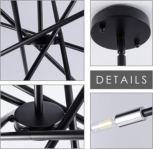 Miniatura 8 de VILUXY Lámpara de araña contemporánea, 6 luces, acabado negro mate, iluminación colgante de mediados de siglo, para comedor, dormitorio, cocina,