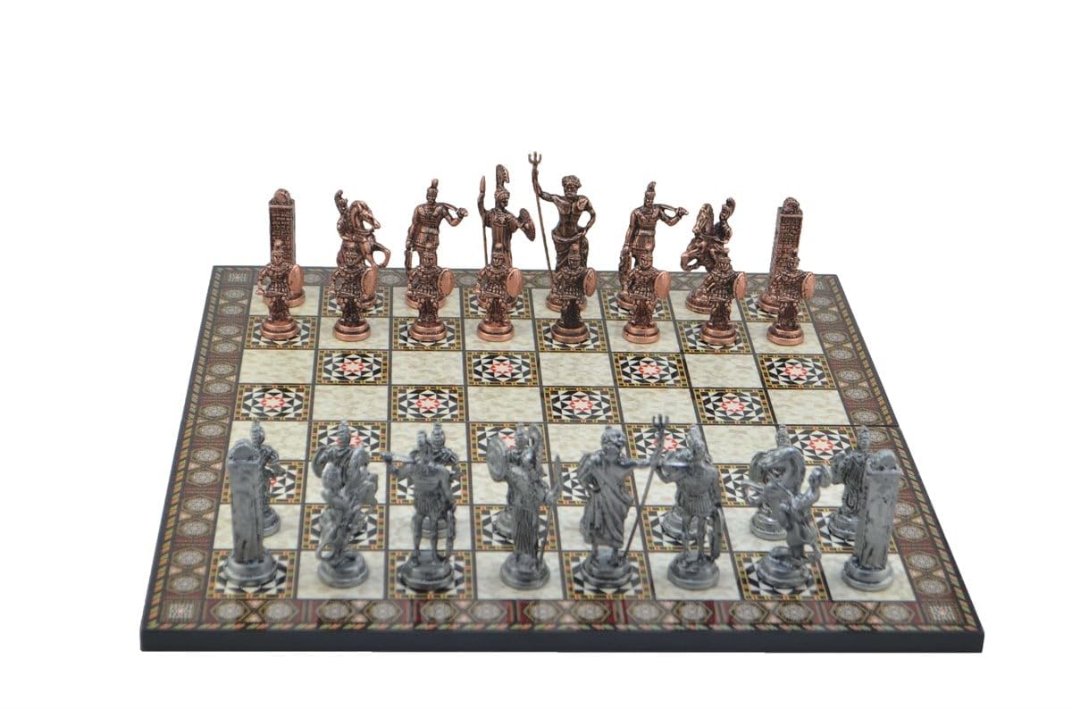 Gifthome Metal Satranç Takımı/Seti; Battal,Yunan,Antik, Kat.Sedef Desenli Satranç Tahtası