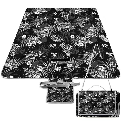 Black-White-Tropical-Pattern Picnic Blanket Waterproof Foldable, Large Outdoor Picnic Blanket Beach Blankets Camping Blanket Travel Mat, Shoulder Strap Tote, Rectangle 58x58in