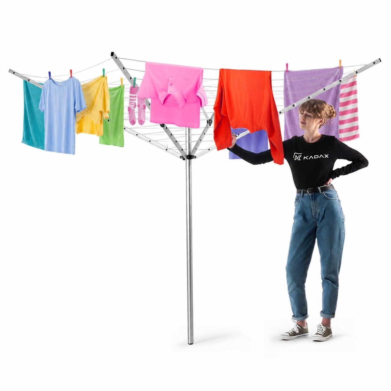 KADAX Séchoir à linge avec 50 mètres de corde à linge, séchoir en aluminium inoxydable pour l'extérieur, hauteur réglable avec housse de sol pour jardin (50m)