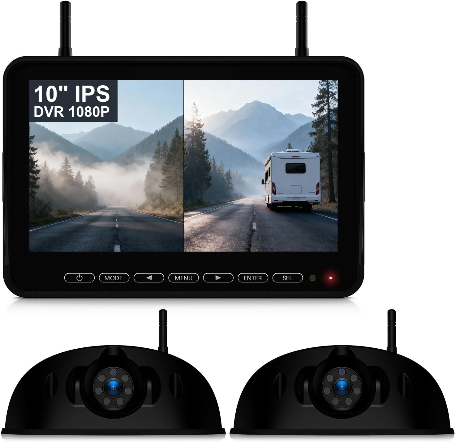 Fookoo 1080P 10" Wireless RV Backup Camera System for Furrion Pre-Wired RV Truck Trailer, 10" HD IPS Monitor & 2 Rear View Cameras, Dual Split Screen IR Night Vision Recording Waterproof - D10Y2