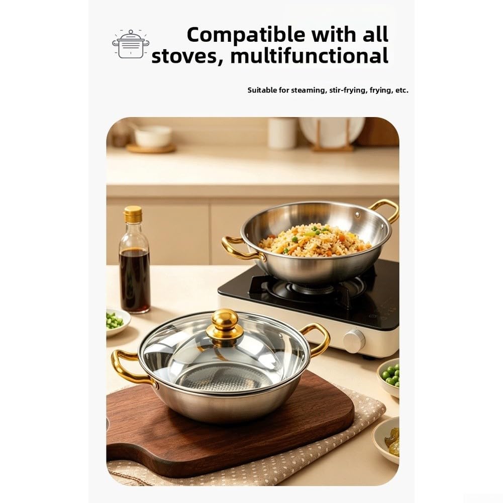 Set di pentole non wok in acciaio inox 201 con coperchio in vetro, per fornelli elettrici a induzione, finitura dorata, doppi manici (40 x 9,5 cm)