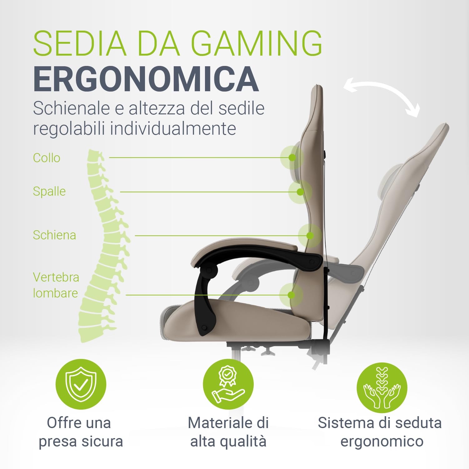 Juskys Sedia da gaming HyperSeat – Regolabile in altezza, schienale reclinabile e braccioli imbottiti, similpelle, ergonomica e resistente – Beige/grigio chiaro