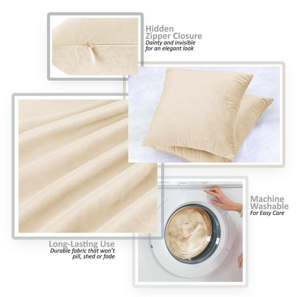 Seechoo Velvet Cushion Covers, Set of 2, 45cm x 45cm, 18x18 Inch, 17 Colours, Extra Soft Plush, Decorative, Invisible Zipper (Beige) - Image 2