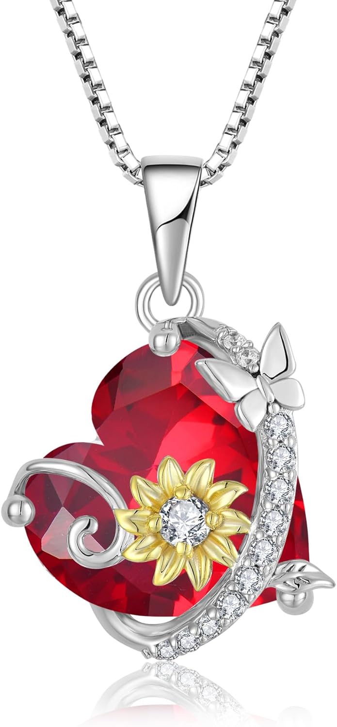 Butterfly Sunflower Heart Necklace for Women, 925 Sterling Silver Cubic Zirconia Birthstone Pendant Jewelry for Her