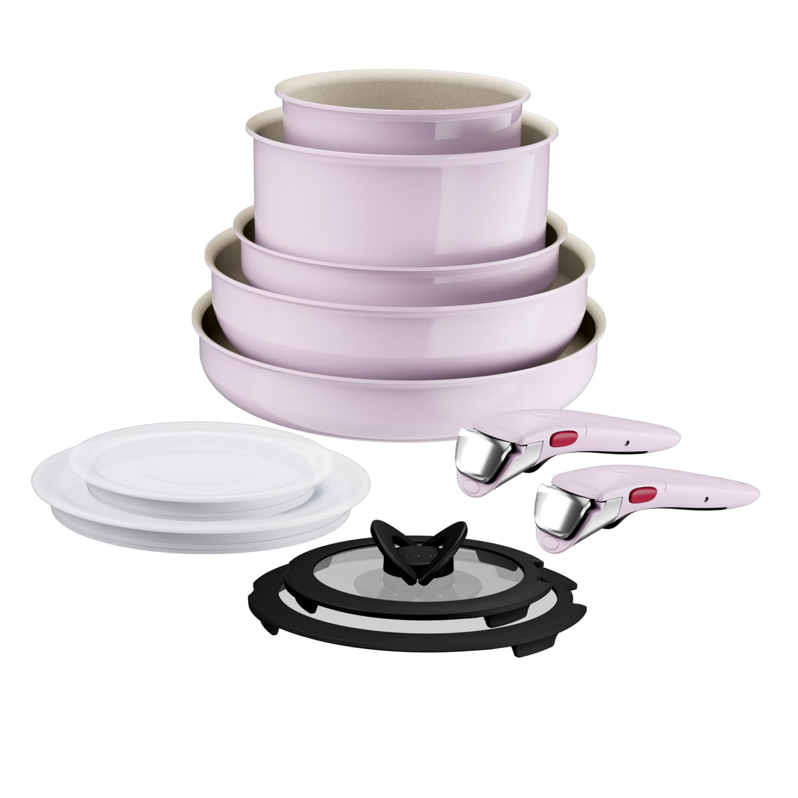 Lagostina Ingenio Pastel, Set di Padelle Antiaderenti 11 Pezzi con Manico Rimovibile, Compatibili con Induzione e Forno, Design Salvaspazio, Colore Rosa