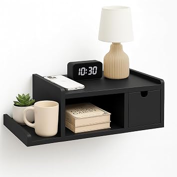 Floating Nightstand with Drawer & Shelf,Wall Mounted Bedside Table for Small Bedrooms,Modern Black End Table with Space Saving DesignBlack