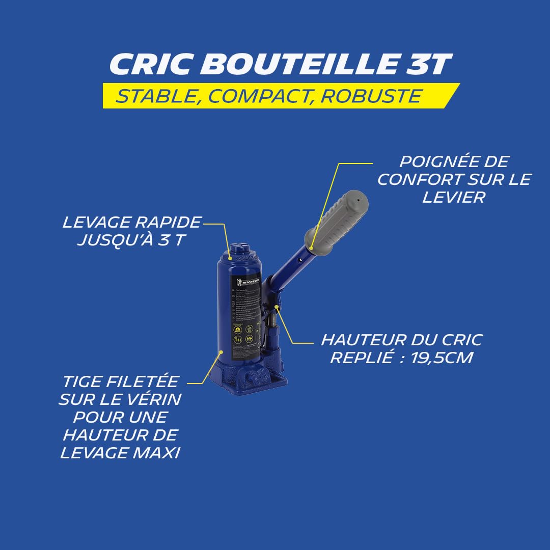 MICHELIN 009559 Cric hydraulique Bouteille 3T - Levage 195-385mm - Tige filetée réglable - Poignée Confort - Compact et Robuste pour Voitures, SUV, 4x4