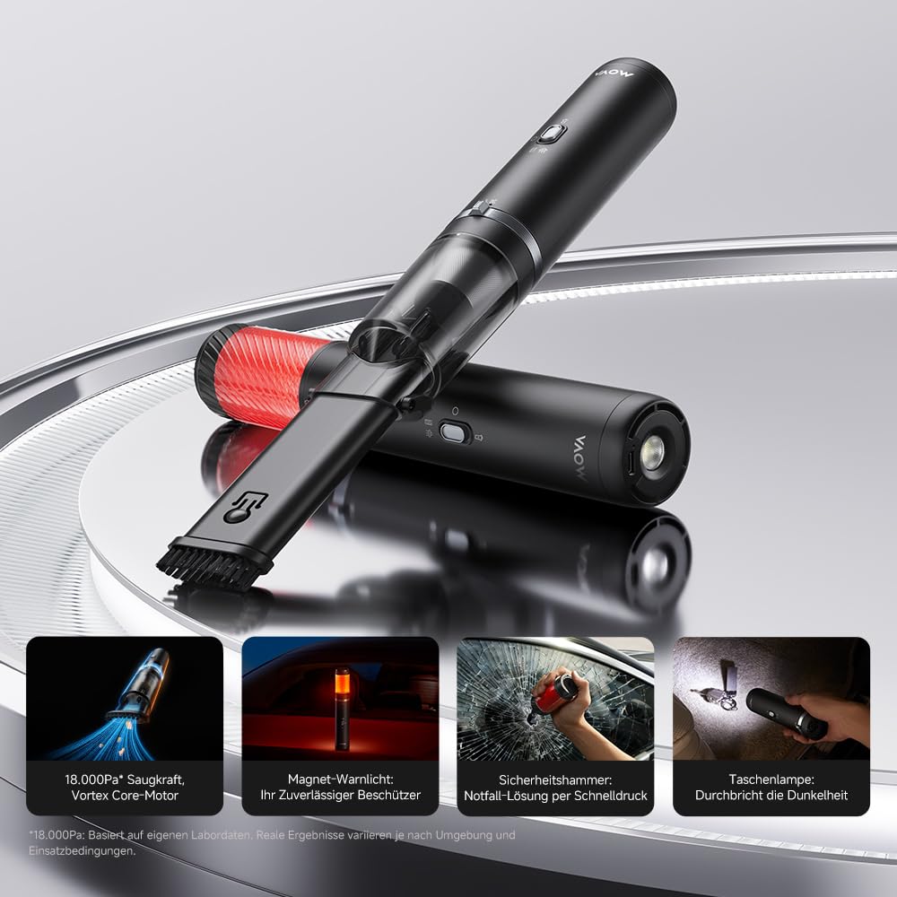 Mova H10 Multifunktionaler Handstaubsauger, 18.000Pa Saugkraft mit Magnet-Warnlicht, Sicherheitshammer, Taschenlampe, 3-in-1 Mehrzonen-Reinigung, 450g, 2 Modi, Sichere Verwahrung bis zu 75°C